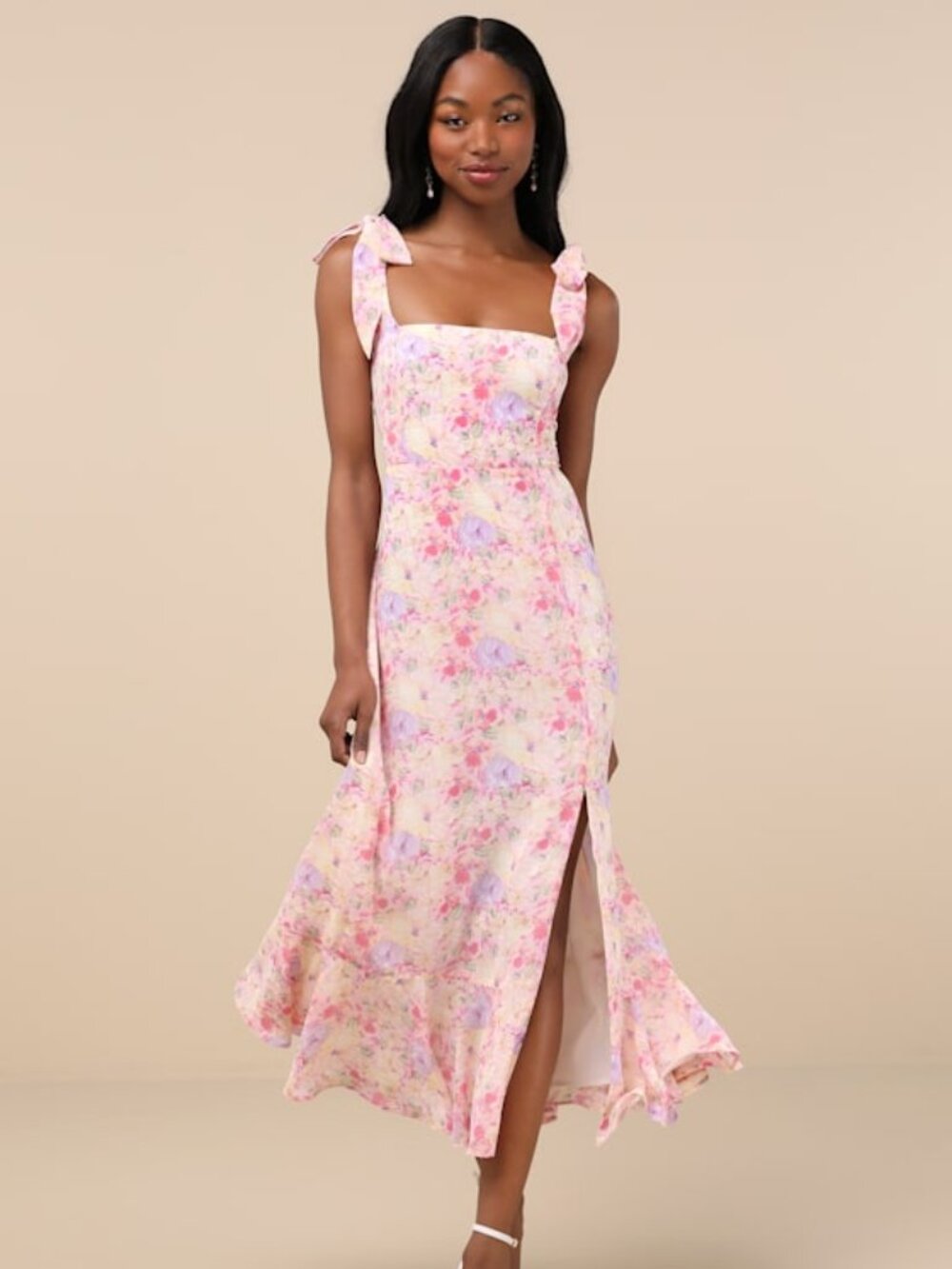 Lulus Summer Invite Pink Multi Floral Tie-strap Tiered Midi Dress - Size M